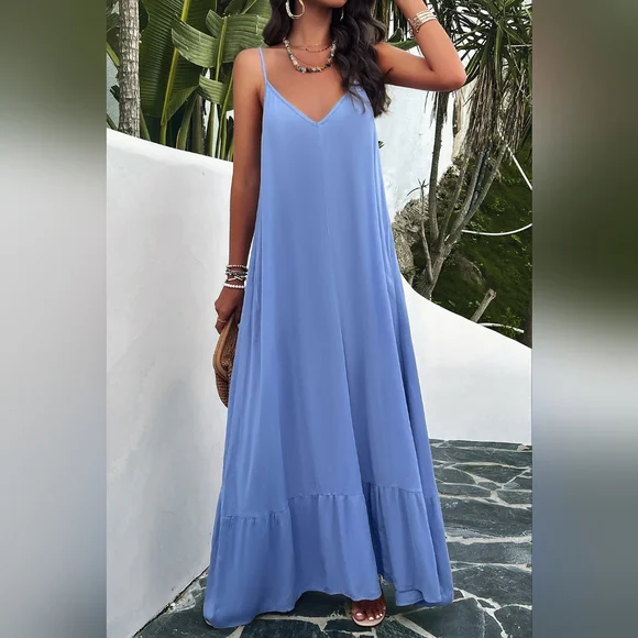 Oversized Pocket Casual Sleeveless V-Neck Low Back Long Summer Maxi Dress Blue - Picture 9 of 16